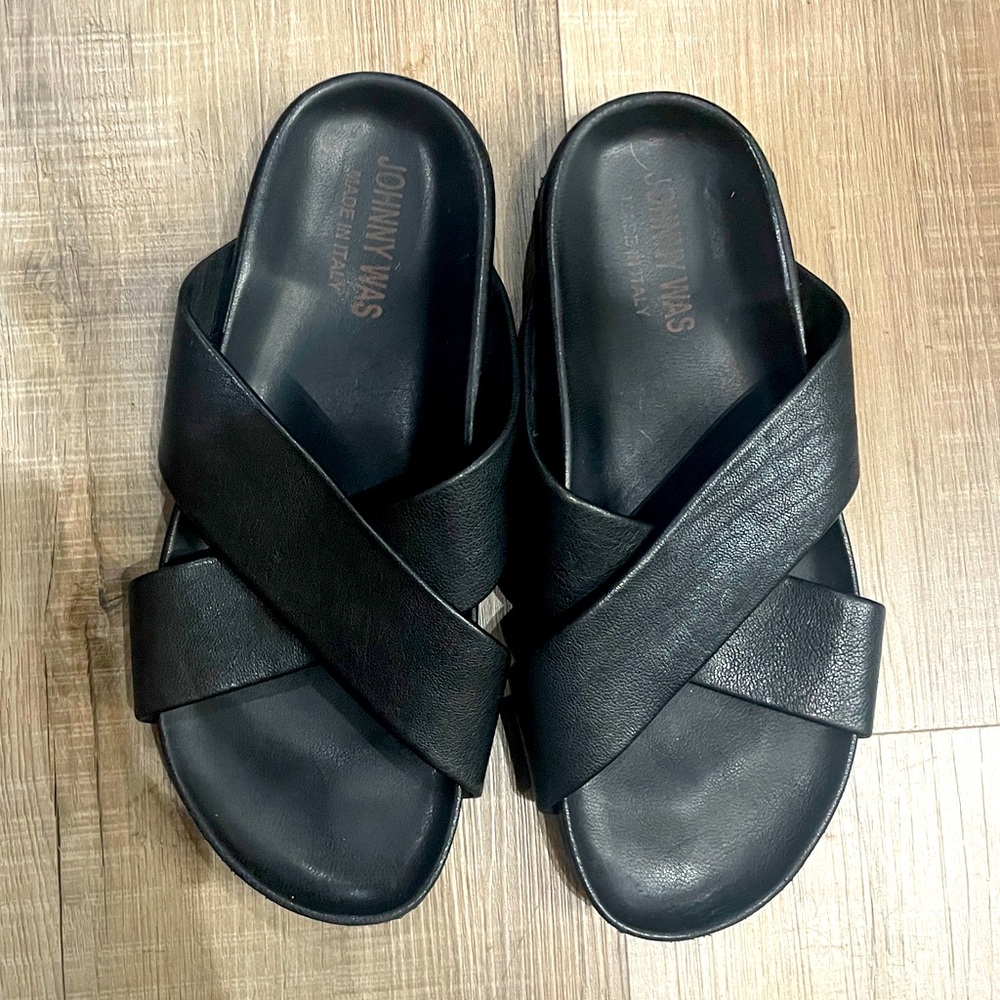 Johnny Was Black Leather Crisscross Slide Sandals
